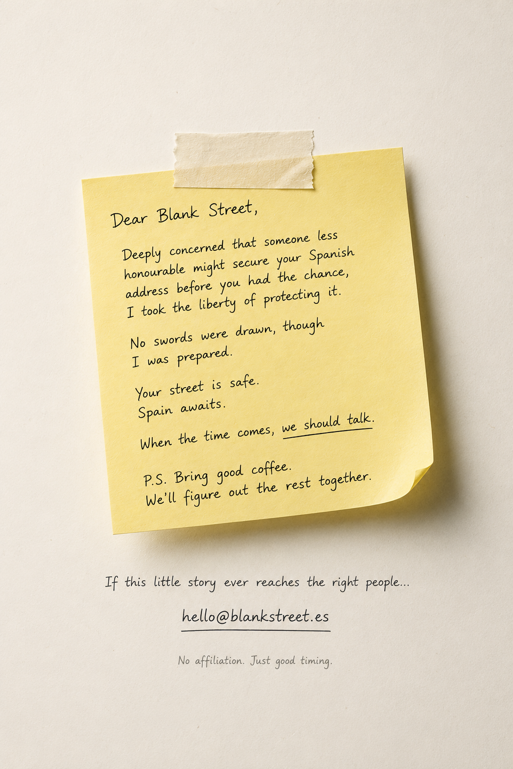 A handwritten note explaining that blankstreet.es has been protected in Spain for Blank Street until the right conversation happens.